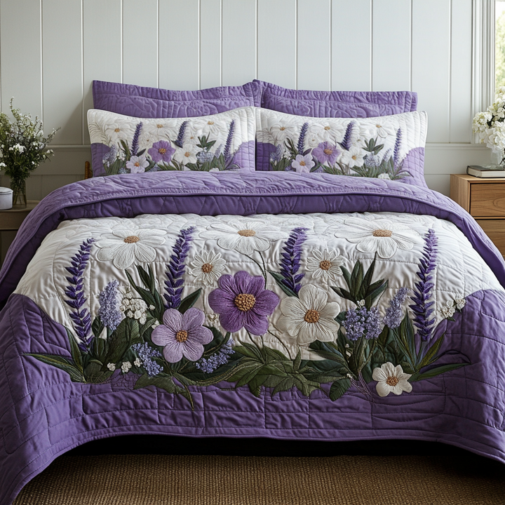 Blossom Haven 3-delad quiltad sängklädesuppsättning