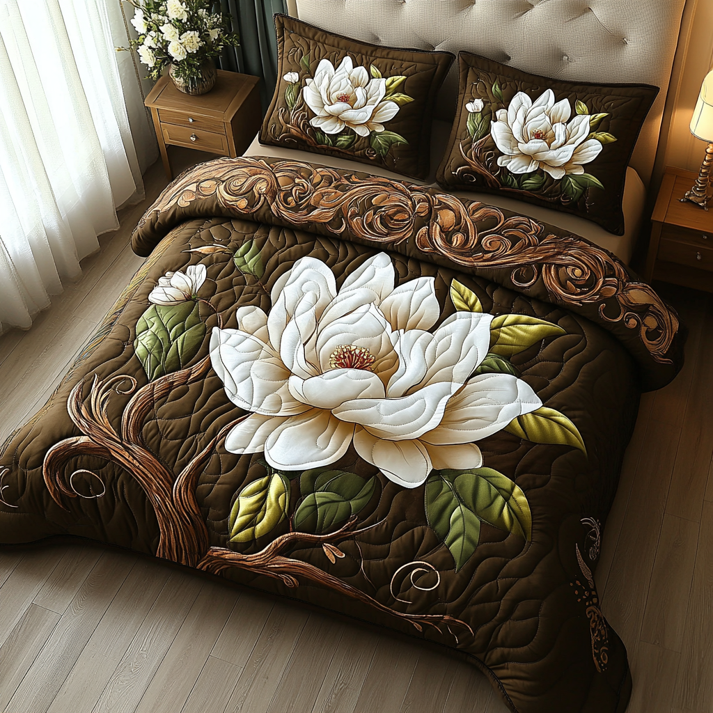 Magnolia 3-delad quiltad sängklädeset
