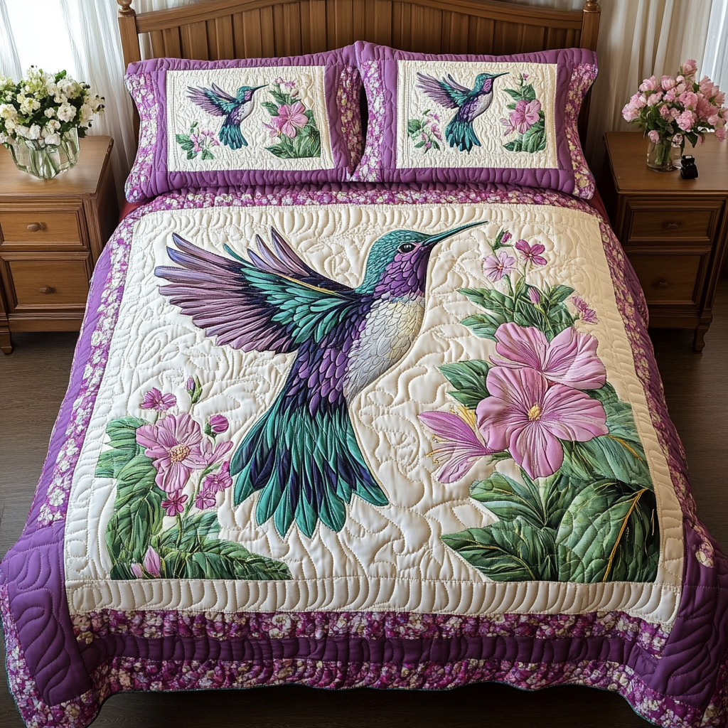 Hummingbird Glow 3-delad quiltad sängklädesuppsättning