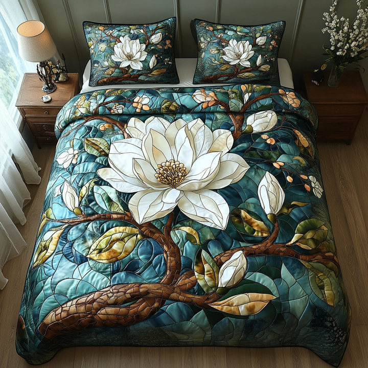 Magnolia 3-delad quiltad sängklädeset