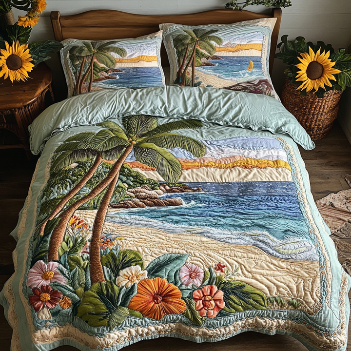 Palm Serenity 3-delad quiltad sängklädesset