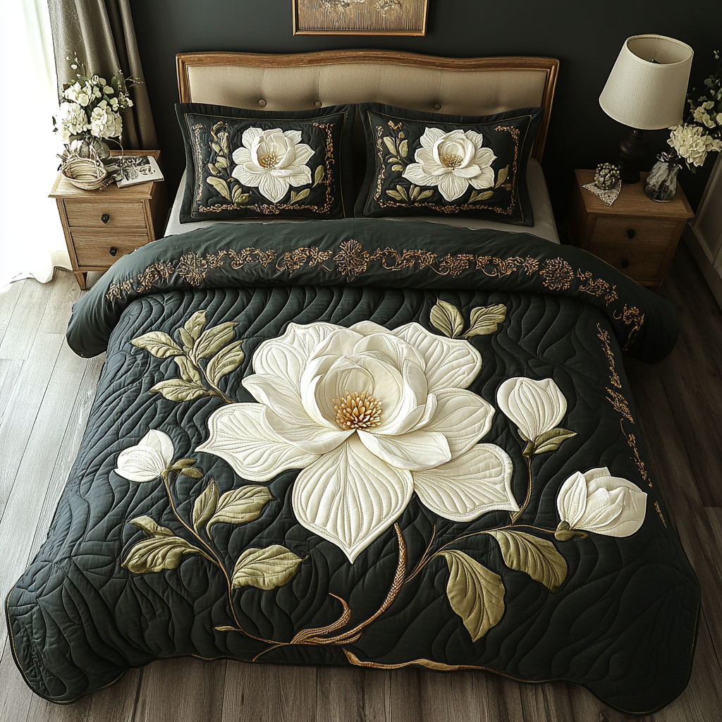 Magnolia 3-delad quiltad sängklädeset