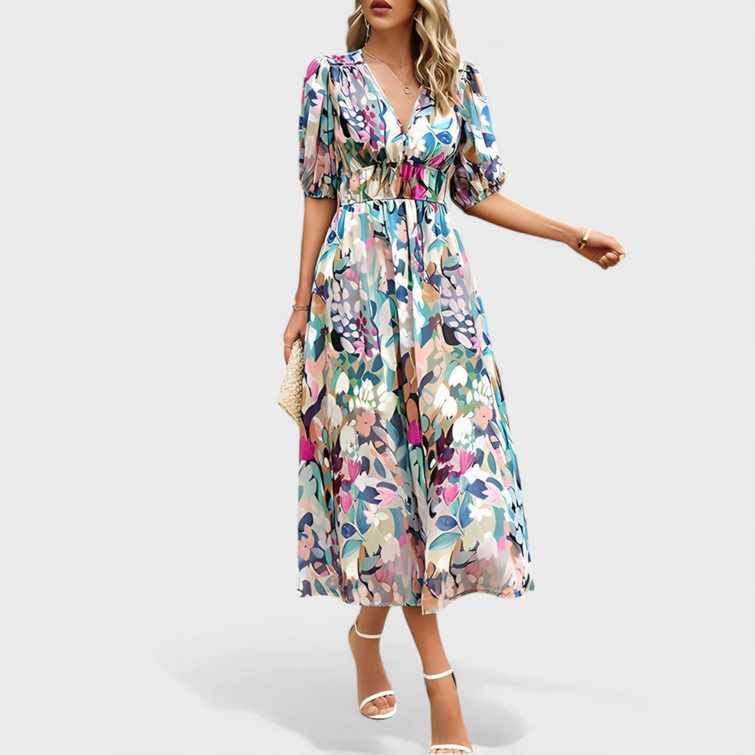 Clara - Elegant Blommig Midi Klänning