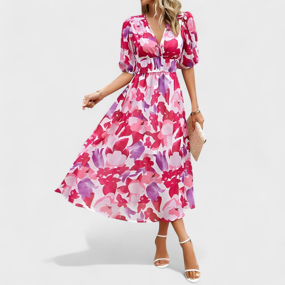 Clara - Elegant Blommig Midi Klänning