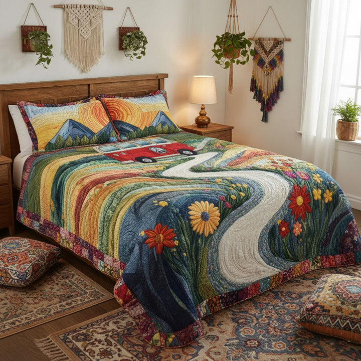Vintage Wanderlust 3-delad quiltad sängklädset