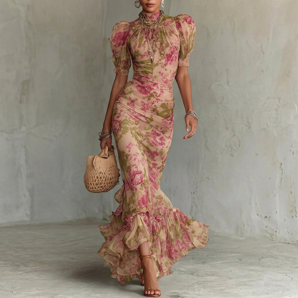 Lara - Långt figursytt klänning med blommönster