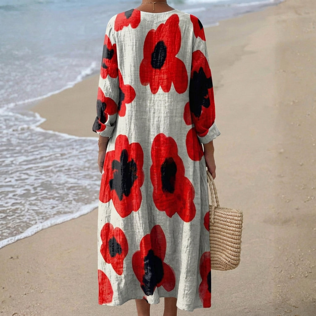 Elva - Maxiklänning med Blommönster i Röd